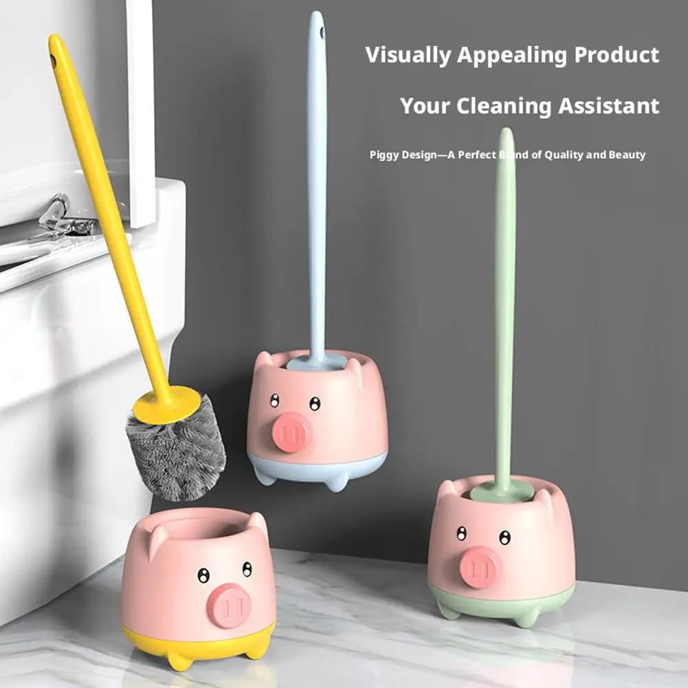 Simpatica spazzola per WC a forma di maialino con supporto, setole ad alta densità, strumento per la pulizia del bagno in plastica resistente, detergente decorativo per WC