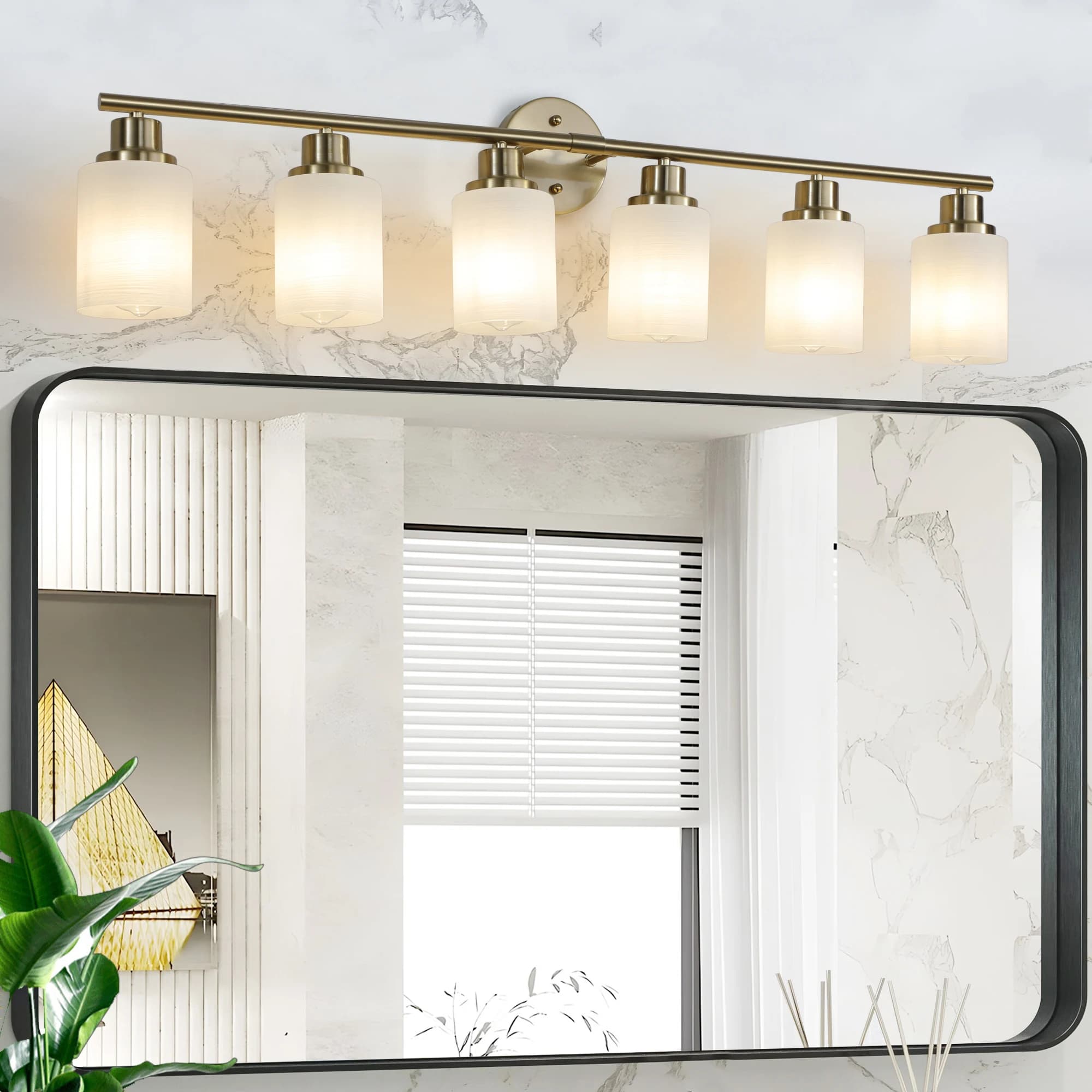 6 luci specchio da toeletta per bagno luce paralume in vetro bianco smerigliato cornice in ferro dorato applique da parete moderna per bagno camera da letto