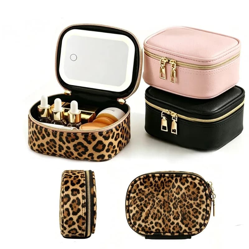 Portable LED Makeup Storage Bag With Built-in Mirror Rechargeable Cosmetic Storage Case Portable Lipstick Makeup Organizer Bag
