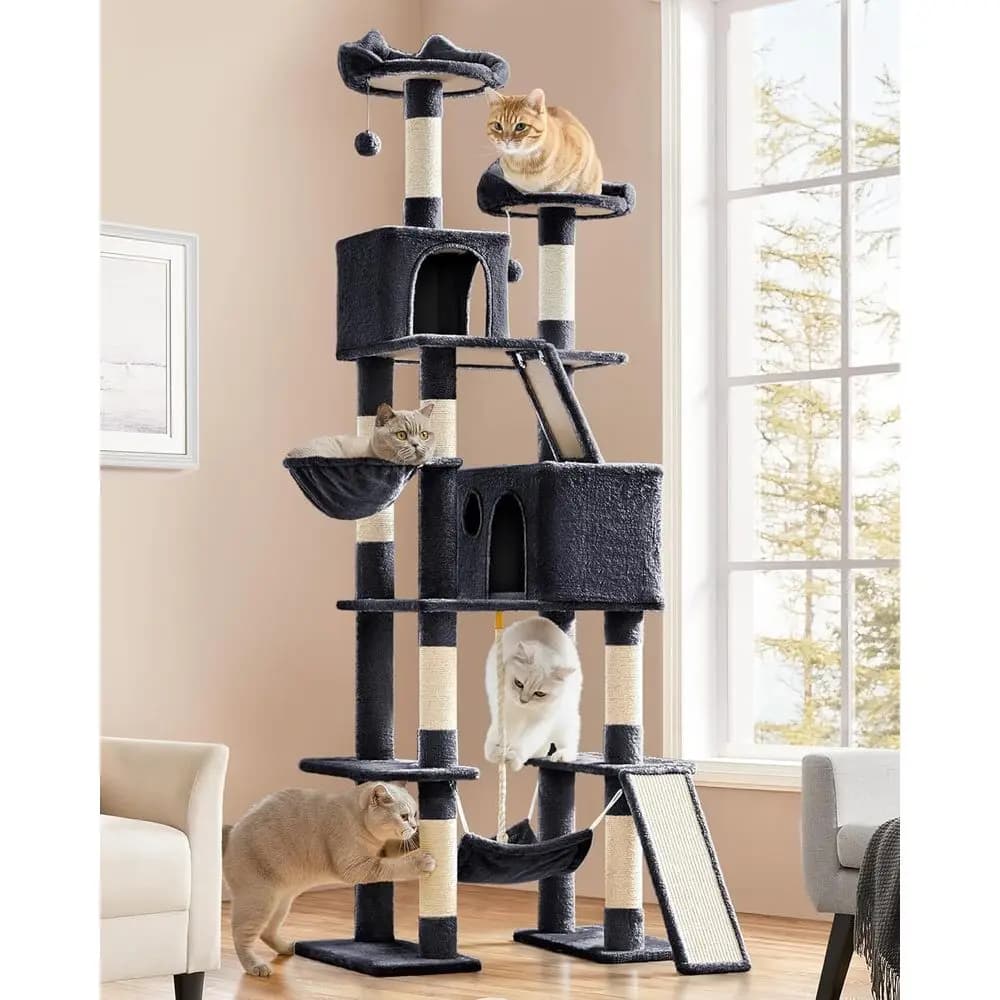 Torre per Gatti Extra Grande da 210 cm con Piattaforme, Cuccia, 8 Posti per Tirare e Cesto per Gatti da Interno - Nera