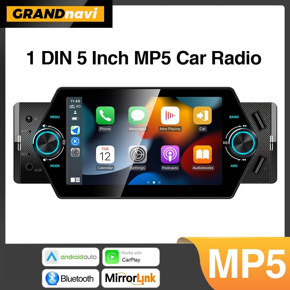 5 pollici MP5 Autoradio Stereo 1Din Touch Screen Carplay Android Auto Lettore video per auto Ricarica del telefono Telecamera per retrovisione Bluetooth FM