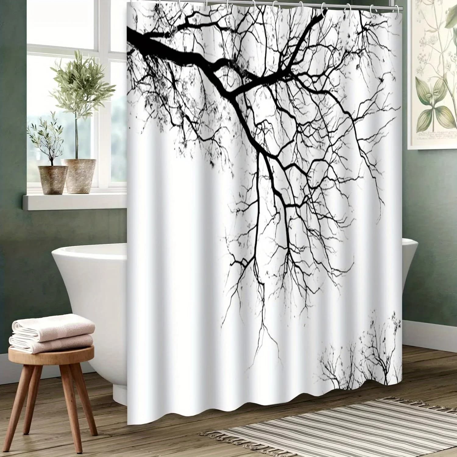 Tenda da doccia con ramo di un albero astratto - Design artistico in bianco e nero, 72"x72", include 12 ganci, arredamento autunno/inverno