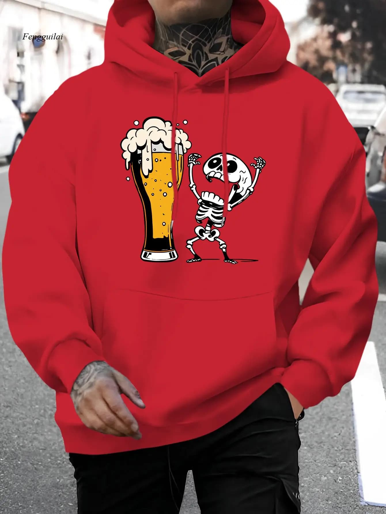 Felpa casual con stampa grafica unica "Beer" - Pullover con disegno di scheletro e tazza di birra, tasca a marsupio, tessuto elasticizzato