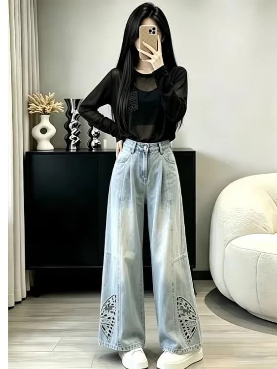 Korean Style Women's Fashion Long Sleeve Top And Jeans Two-Piece Set Autumn 2026 New Arrival Versatile Casual Breathable