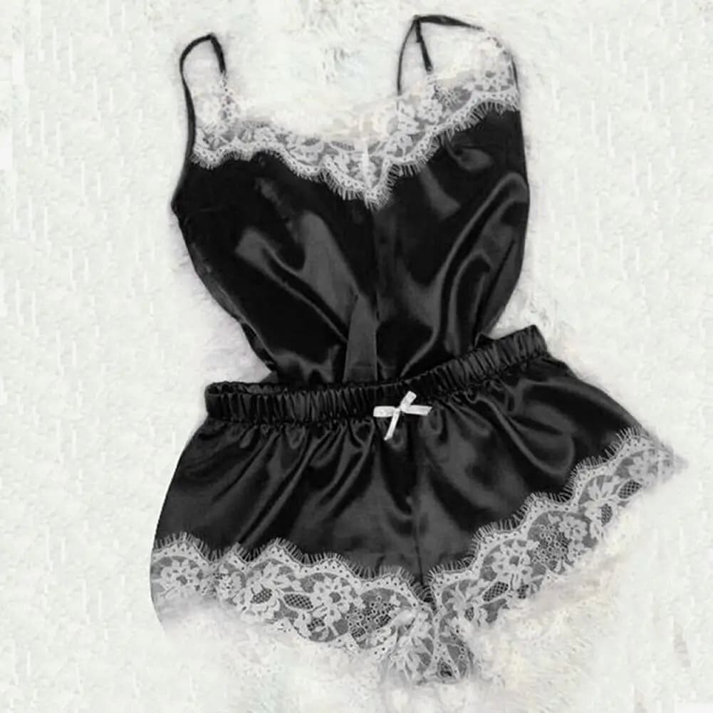 Sleepwear Spaghetti Strap Lace Stitching Vest Shorts Set Imitation Satin V-Neck Sleeveless Pajama Set for Wedding Night 90%