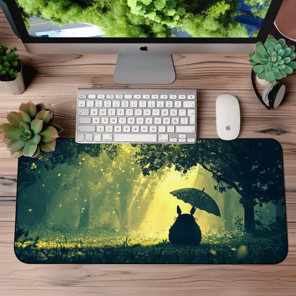 Dreamy Green Forest Totoro Large Desk Mat Aesthetic Anime Art Non-Slip Gaming Mouse Pad for Office Home Desktop Decor