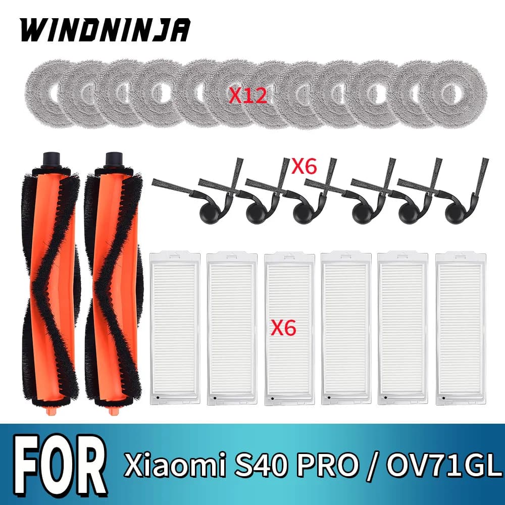 Set di Accessori per Robot Aspirapolvere Xiaomi S40 PRO OV71GL: Filtro Lavabile, Panno per Mocio, Rullo Principale, Spazzole Laterali, Sacchetto Raccogli Polvere, Parti di Ricambio