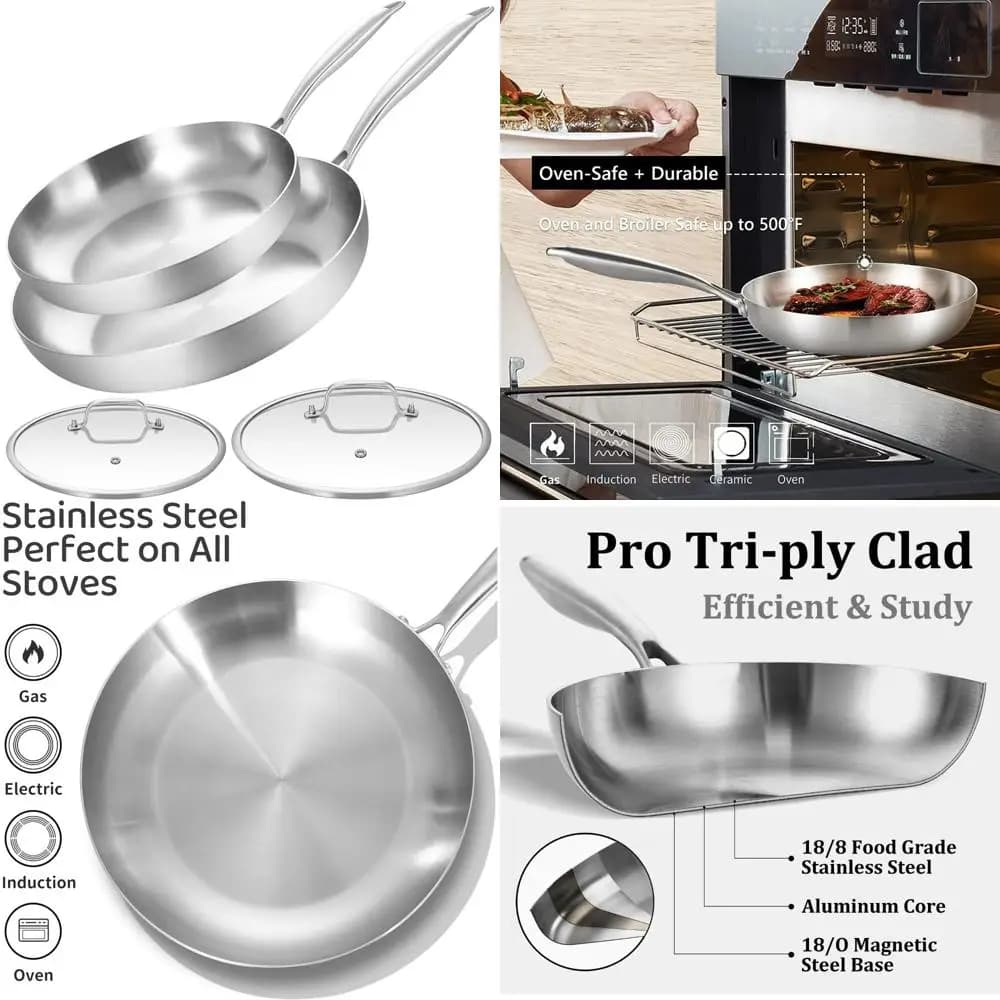 Set di padelle in acciaio inossidabile a tre strati da 10-12 pollici con coperchi, padelle, pentole a induzione, lavabili in lavastoviglie e forno, adatto per