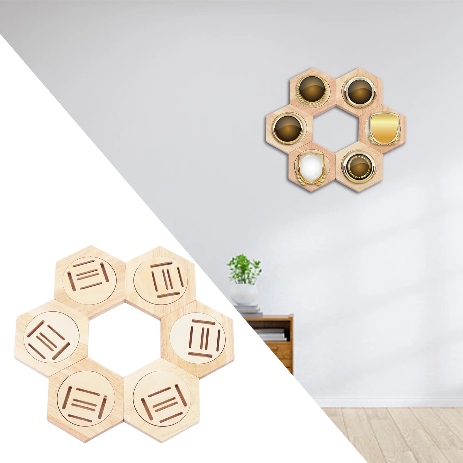Supporto per medaglie esagonale da 6 pezzi Fori per barra magnetica in legno massello Adesivo senza trapano per piastrelle da parete in legno e vetro