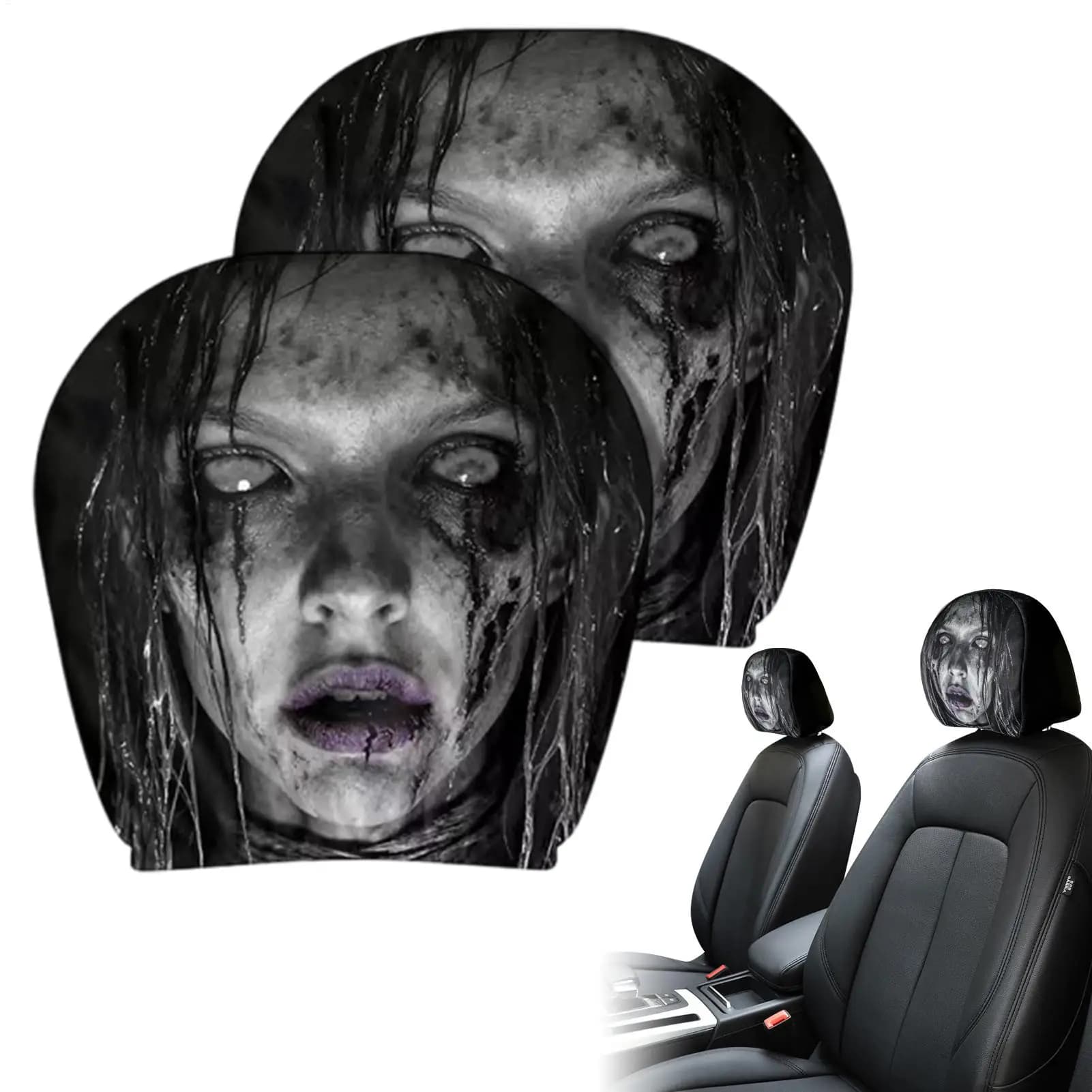 2pcs Ghost Car Headrest Covers Auto Interior Seat Terrifying Headrest Cover Scary Face Printing Headrest Case for Auto Interior