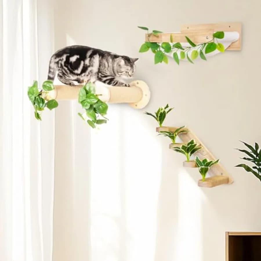 Set di Mobili per Gatti 3 in 1, 3 Pezzi: Set da Arrampicata, Amaca per Gatti, Scaffale in Legno Massello di Gomma e Posti per Dormire