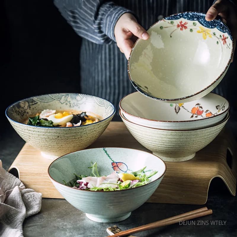 Ciotola per noodle in ceramica da 8 pollici Ciotola per zuppa in ceramica giapponese Ciotola per ramen verniciata sottosmalto sano Stoviglie da cucina Contenitore per insalata