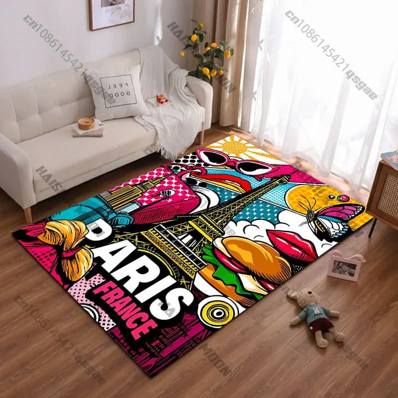 Tappeto con immagini vivaci in stile pop art di Parigi, tappeto per yoga, soggiorno, decorazione per la stanza, tappetino per gattonare per bambini, tappetino per il gioco