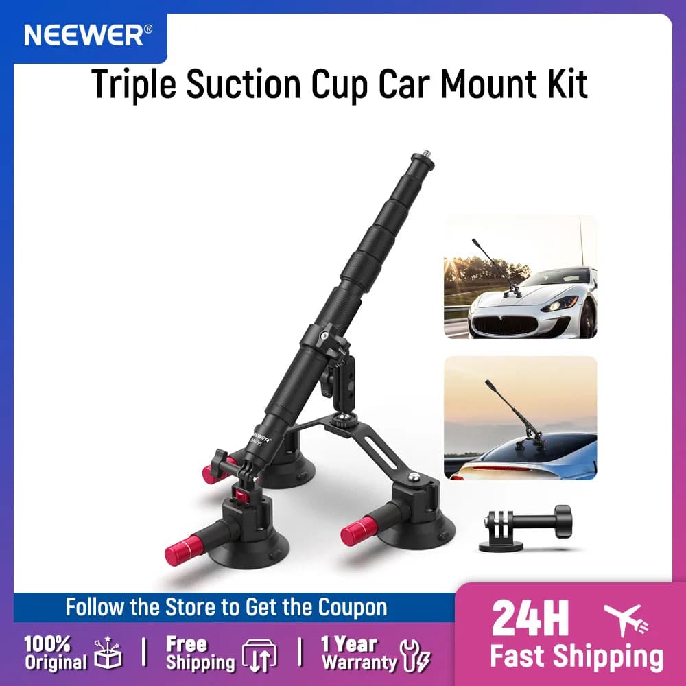 NEEWER Kit di montaggio per auto a tripla ventosa con adattatore per action camera, asta di prolunga 2in1 per selfie stick per GoPro Insta360 CA065