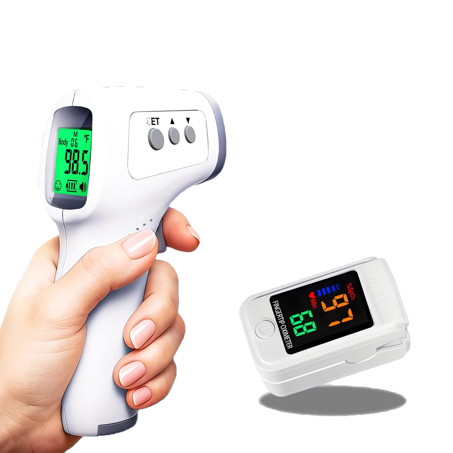 Termometro Medico Retroilluminato Senza Contatto, Misuratore di Temperatura Corporea, Mini Ossimetro da Dito, Strumento per Misurare l'Ossigeno nel Sangue