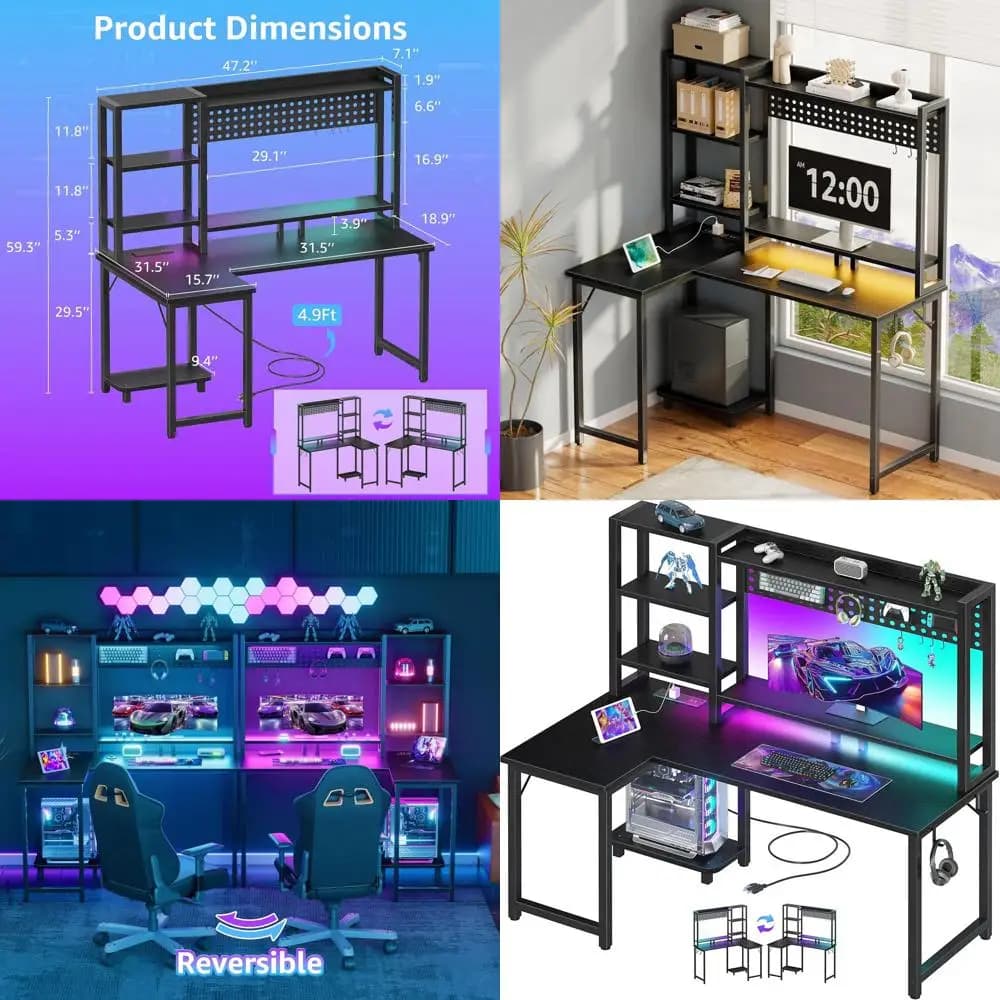 Scrivania da Gaming a L da 48 Pollici con Spazio di Archiviazione, Pannello Forato Reversibile, Luci LED e Prese di Corrente per PC e Uso in Camera da Letto, Nera