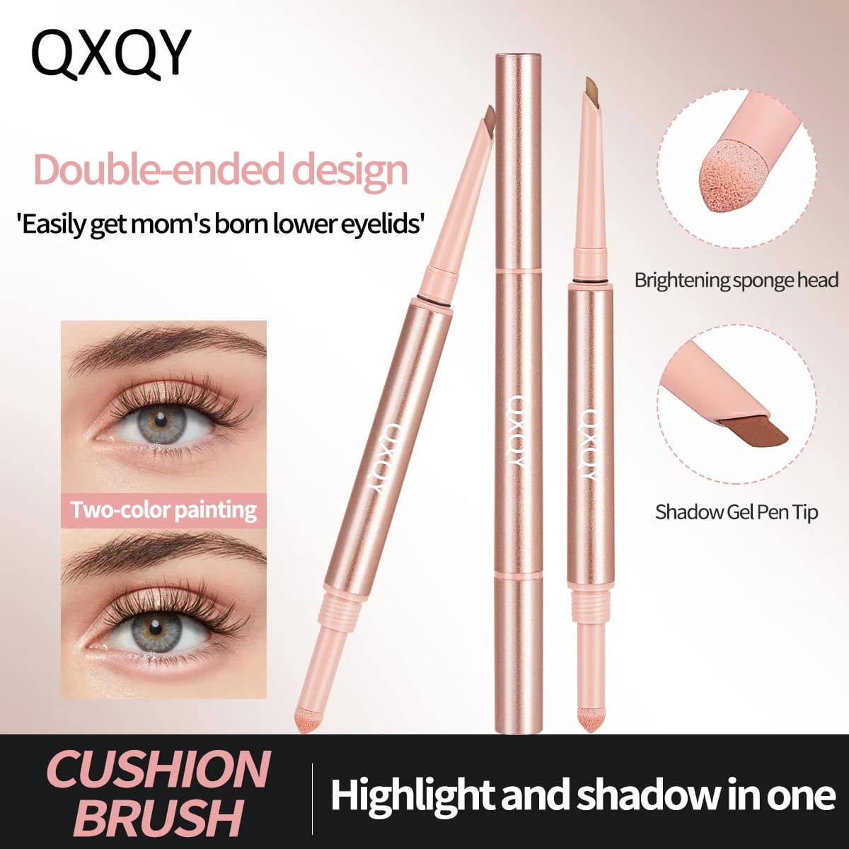 QXQY Double Headed Silkworm Pen with Brush Head, Full Eyes, Three Dimensional Big Eyes Peach Blossom Pink Makeup