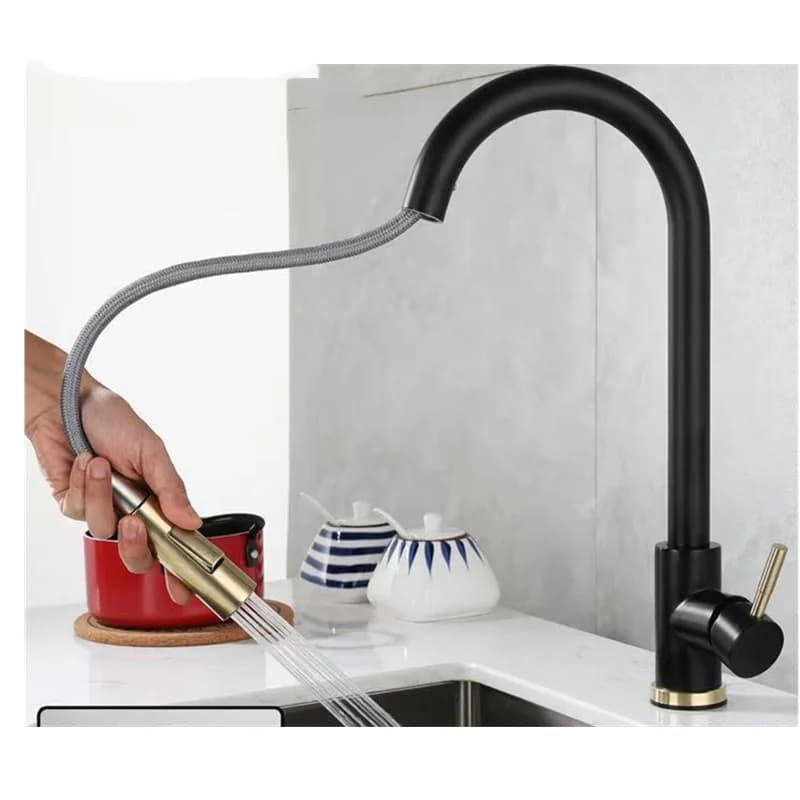 Black Kitchen Faucet Flexible Pull Out 2 Modes Nozzle Hot Cold Water Mixer Tap Deck Mounted Sprayer and Stream SUS 304 Faucets