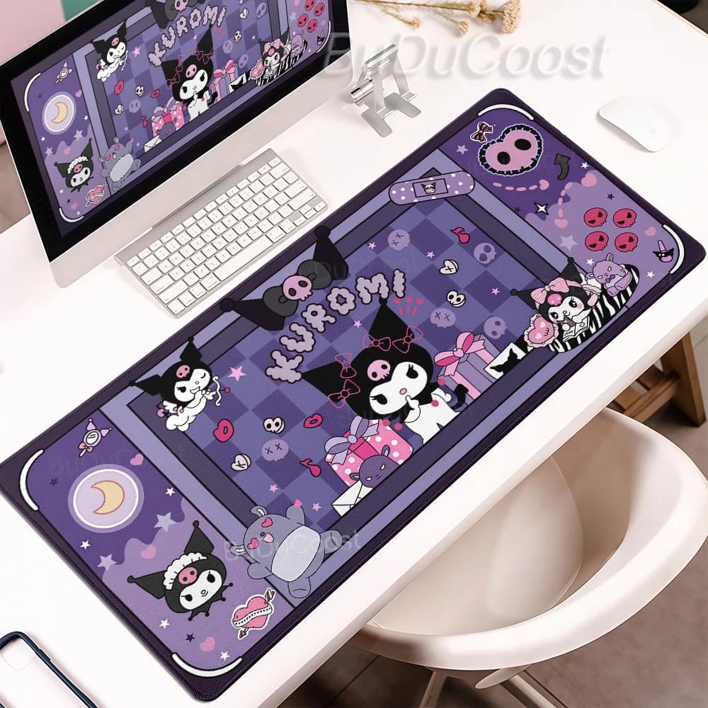 Tappetino per mouse XXL rosa viola con cartoni animati Kuromi, accessori per PC, tappetino da scrivania per computer, tappetino per tastiera e mouse per PC da gioco