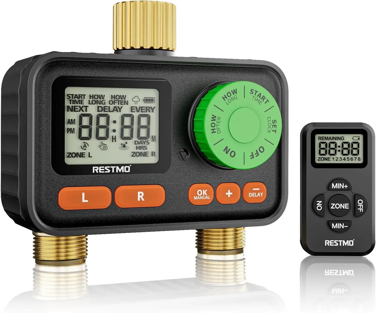 Timer for Irrigation with Remote Control, Entrance and Exit in Brass, Functions Automatic/Manual/Ritardo Rain for Garden Pipes and Drop irrigation