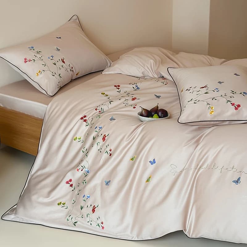 Set di Biancheria da Letto di Lusso in Cotone a Fibra Lunga 600TC con Ricamo Floreale, Set Copripiumino, Lenzuolo Piatto/Con Angoli e Federe
