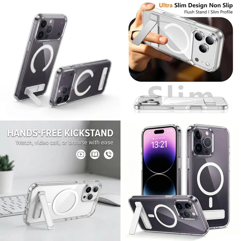 Clear Magnetic Phone Case Vertical Horizontal Stand Raised Edges Ultra Thin for iPhone 17 Pro Max 16 15 Plus 14 13 12 mini 11