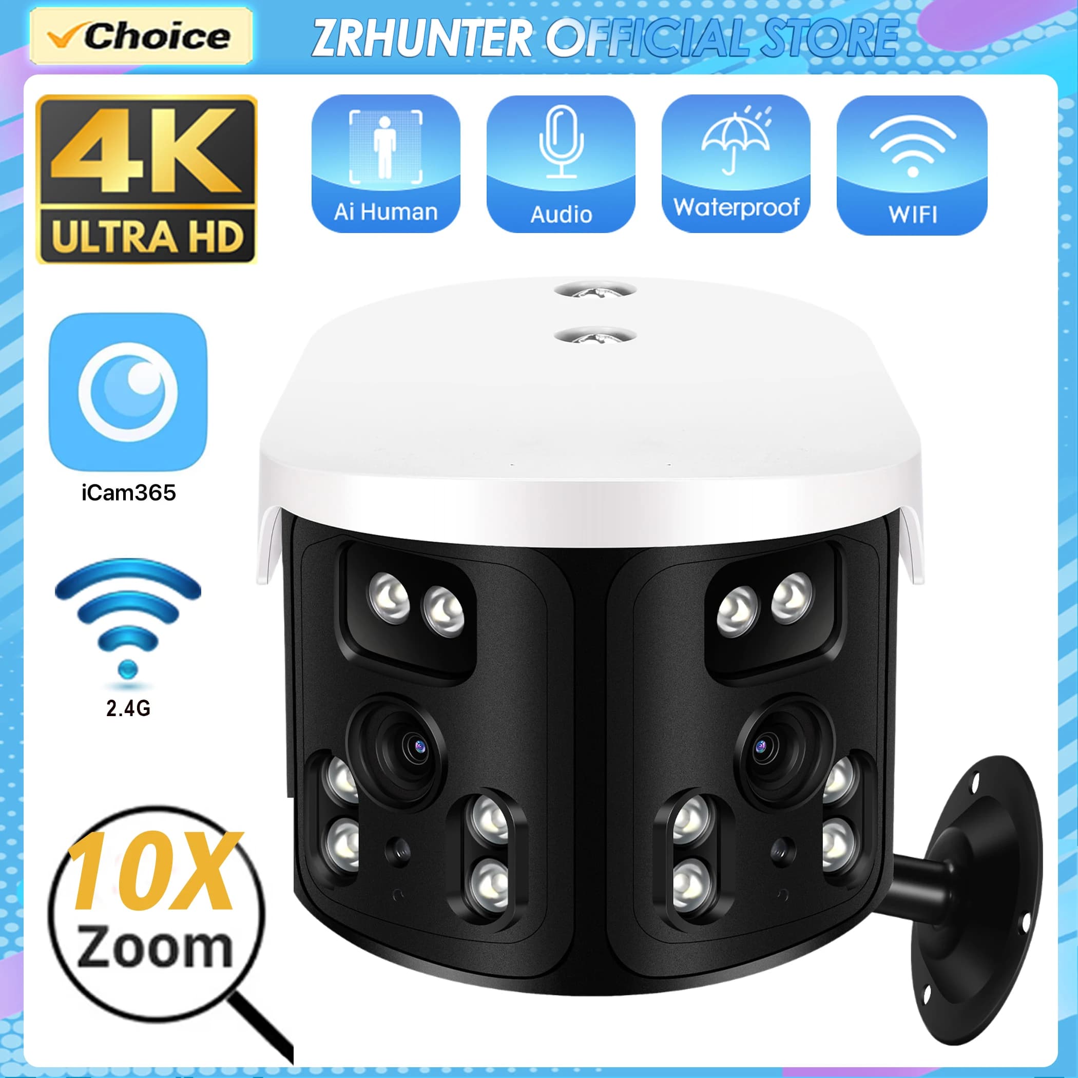 IP camera PTZ 4K 8MP panoramic 180 ° wide viewing angle surveillance camera WIFI external color night vision iCam365 CCTV Security