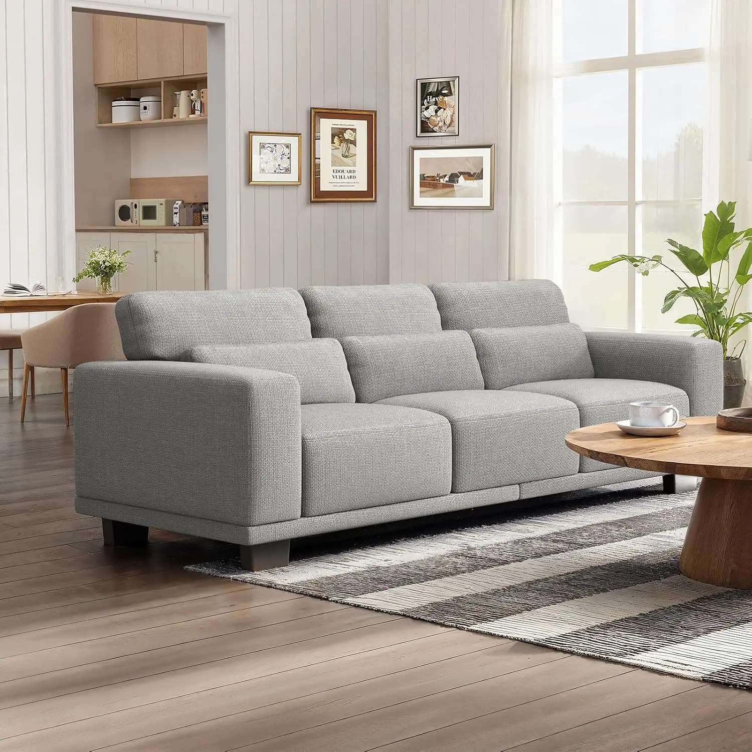 Divano Moderno a 3 Posti con Braccioli Larghi, Cuscini Profondi, Rivestimento in Lino Rimovibile e Lavabile, Arredamento per Soggiorno, Grigio Personalizzabile