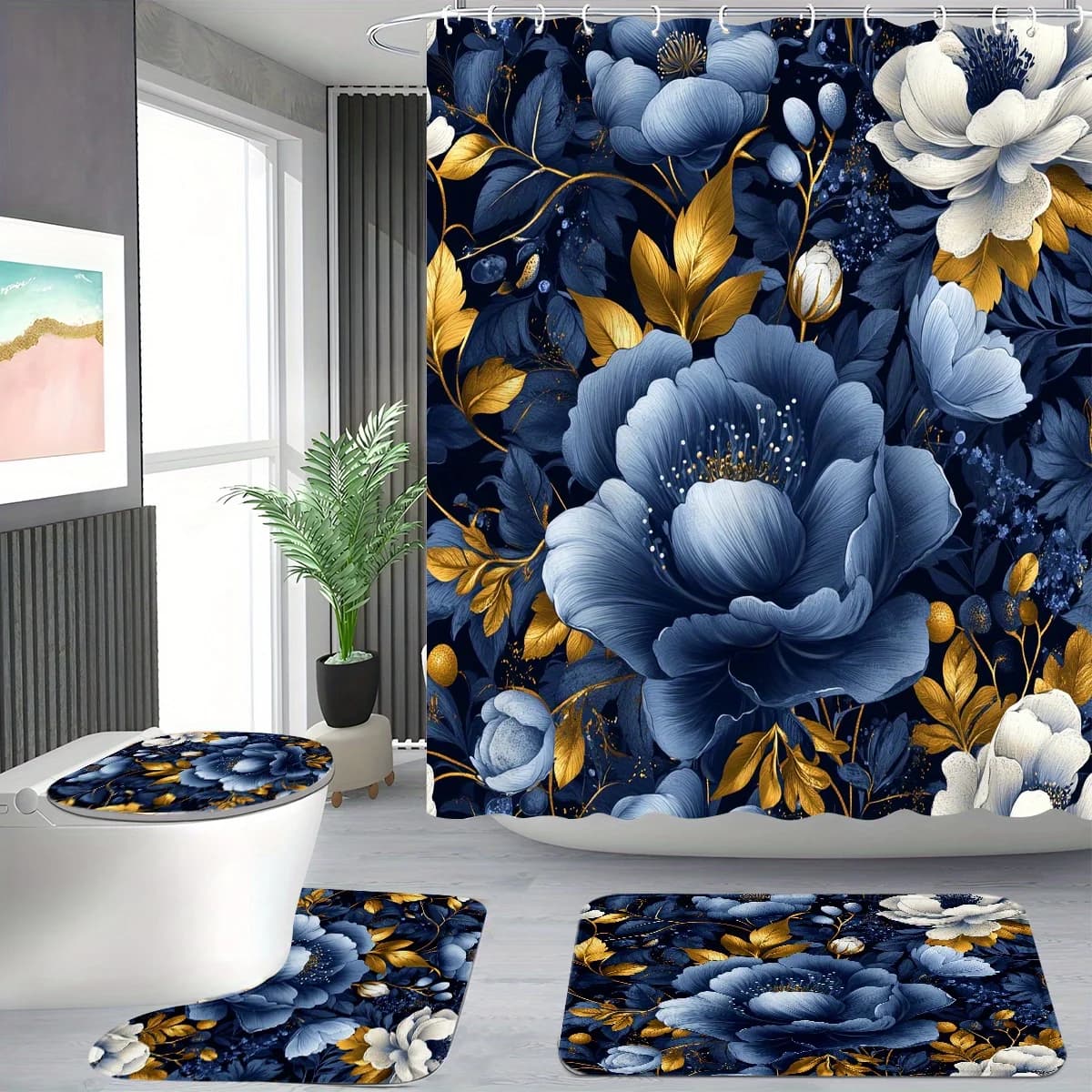 Set di tende da doccia da 4 pezzi, lussuoso motivo floreale blu e dorato, decorazione moderna personalizzata per il bagno include 12 ganci