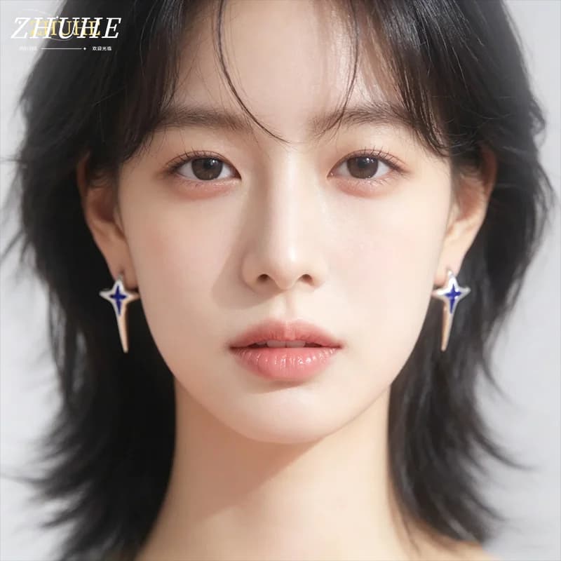 Cool Blue Cross Star Drop Earrings for Men Women, Copper Material Jewelry Accessories, Hip Hop Enamel Stud Earrings with Long Ta
