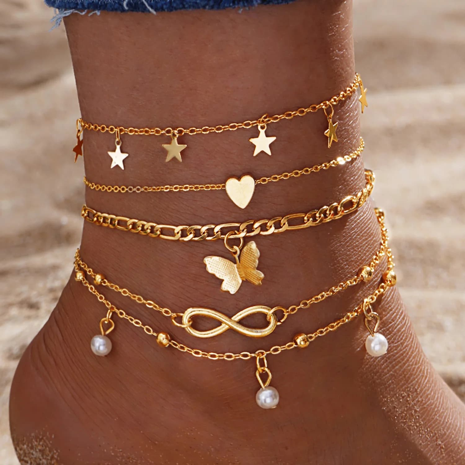 Set di cavigliere a farfalla vintage color oro per donna Bracciale d'amore regolabile multistrato sui gioielli da spiaggia del piede della gamba