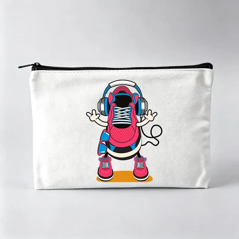 Borsa per il Trucco in Tela con Grafica di Sneaker e Cuffie, Pochette Cosmetica Casual per Uso Quotidiano