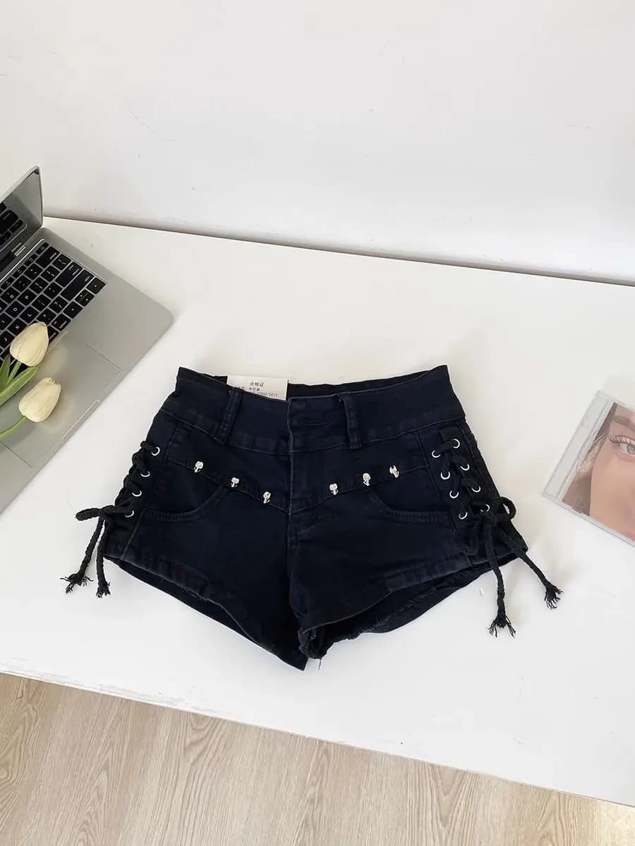 Y2K Retro Low Rise Shorts 2024 - Korean Bodycon Denim Riveted Tie Front Cheeky Booty Hot Pants Summer Club Instagram Viral