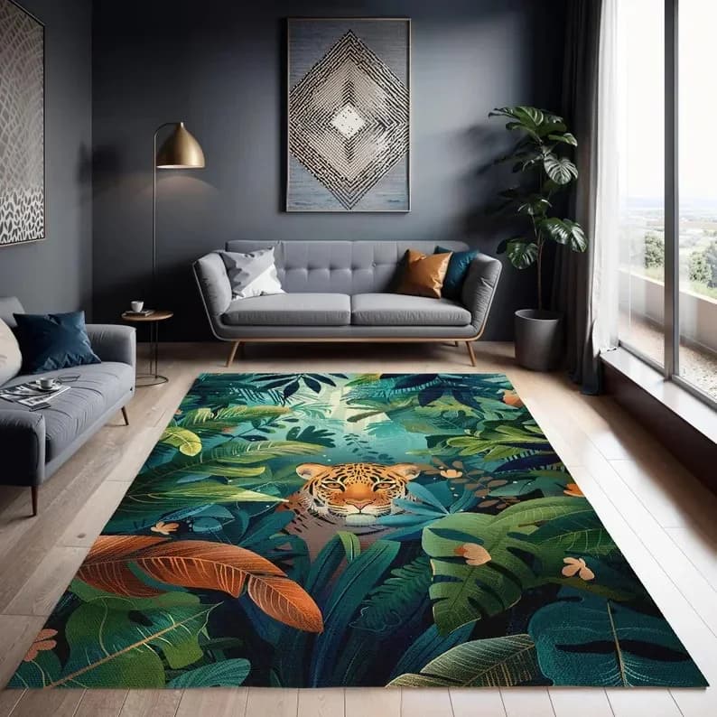 Tiger Kids Area Rug Jungle Tropical Vibe Art Deco Floor Carpet for Nursery Bedroom Playroom Washroom Creeping Mat Home Decor