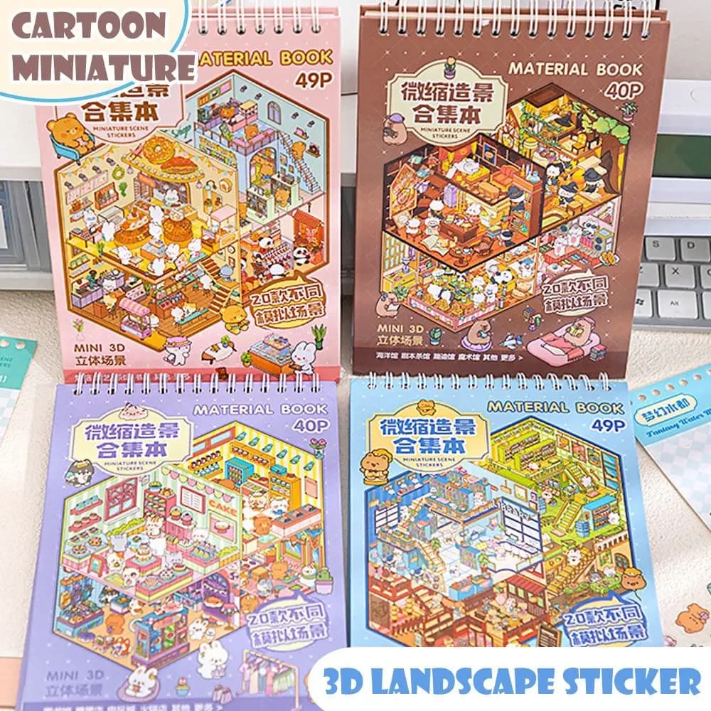 Adesivi per scene di cabina 3D Libro Impilabile visiva Adesivo per scene in miniatura di cartoni animati Adesivi per giochi giocattolo per scene di cabina fai-da-te