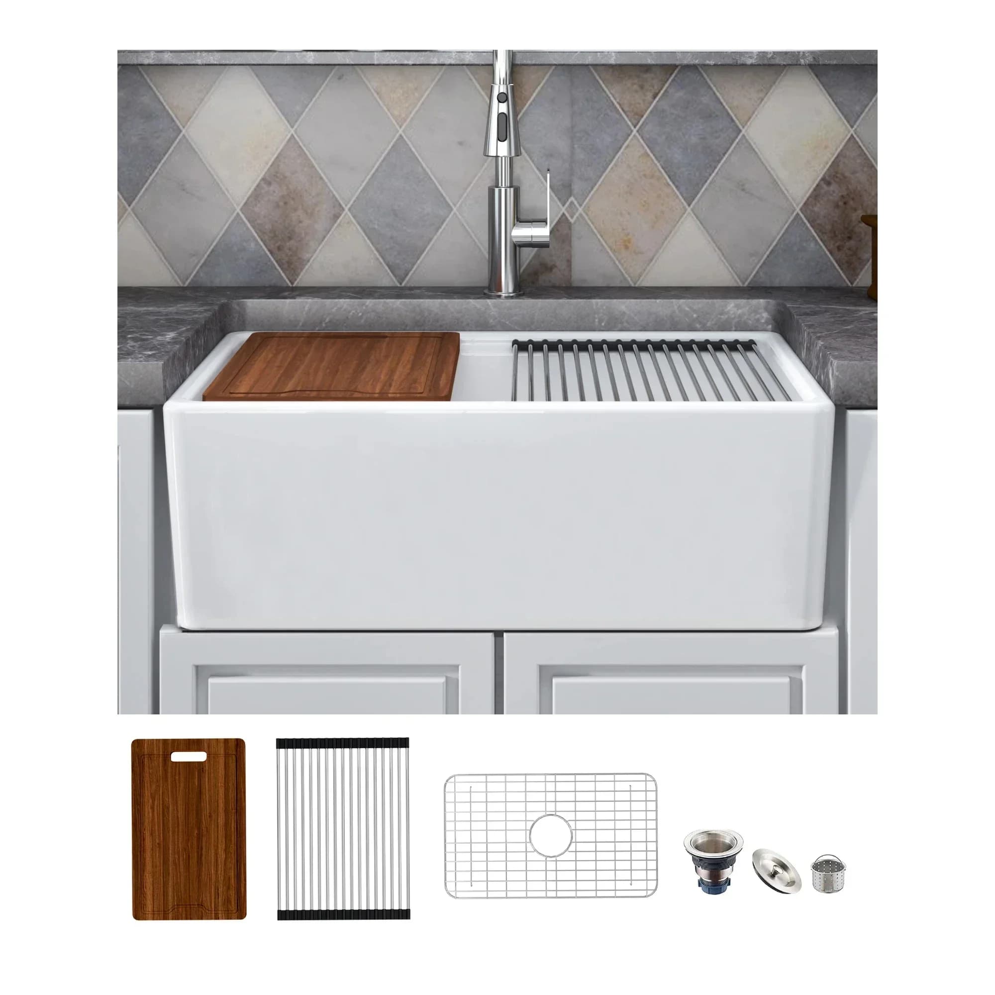 Kitchen sink Rustic style, ceramic with integrated cutter