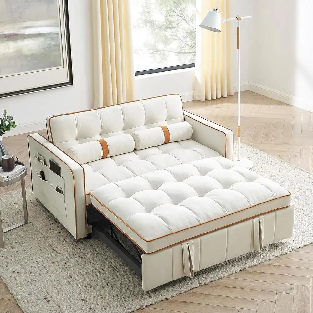 Convertible sofa bed 3 in 1 in velvet with adjustable backrest and round cushions for living room (Beige)