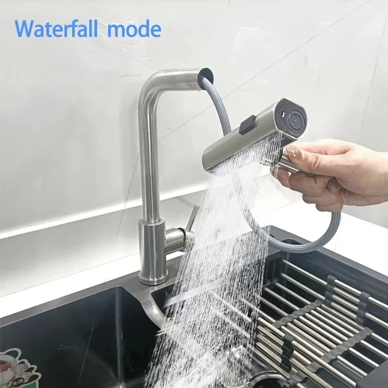 Rubinetto da cucina estraibile nero/grigio/argento Spruzzatore a tre flussi d'acqua Rubinetto miscelatore acqua calda e fredda in acciaio inossidabile da appoggio