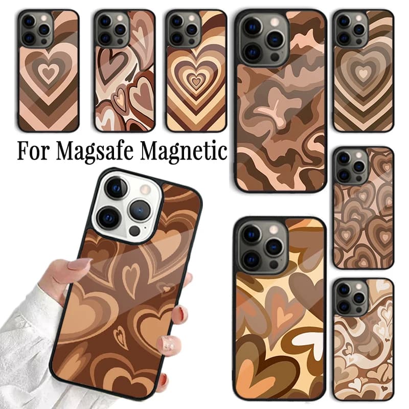 Cover per telefono estetica Latte Love Brown Heart SOFT per iPhone 17 AIR 16 15 14 13 12 11 Pro Max Plus con guscio magnetico Magsafe
