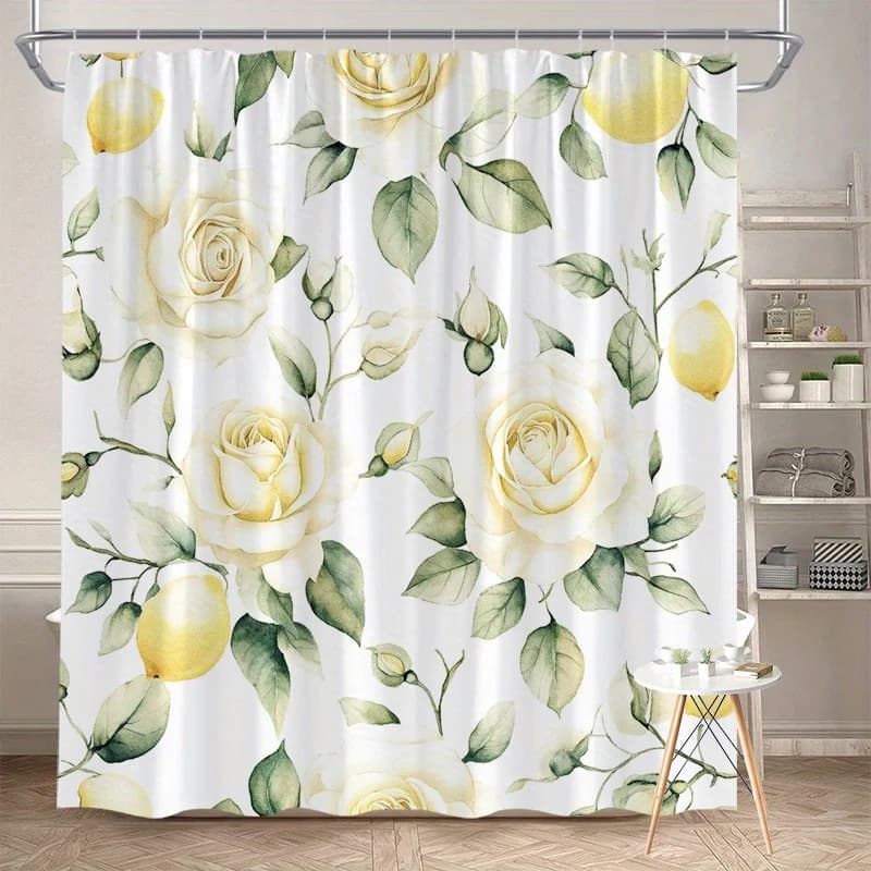 Tenda da doccia 1 pezzo con rose bianche e foglie verdi - Con limoni gialli, poliestere, design floreale naturale