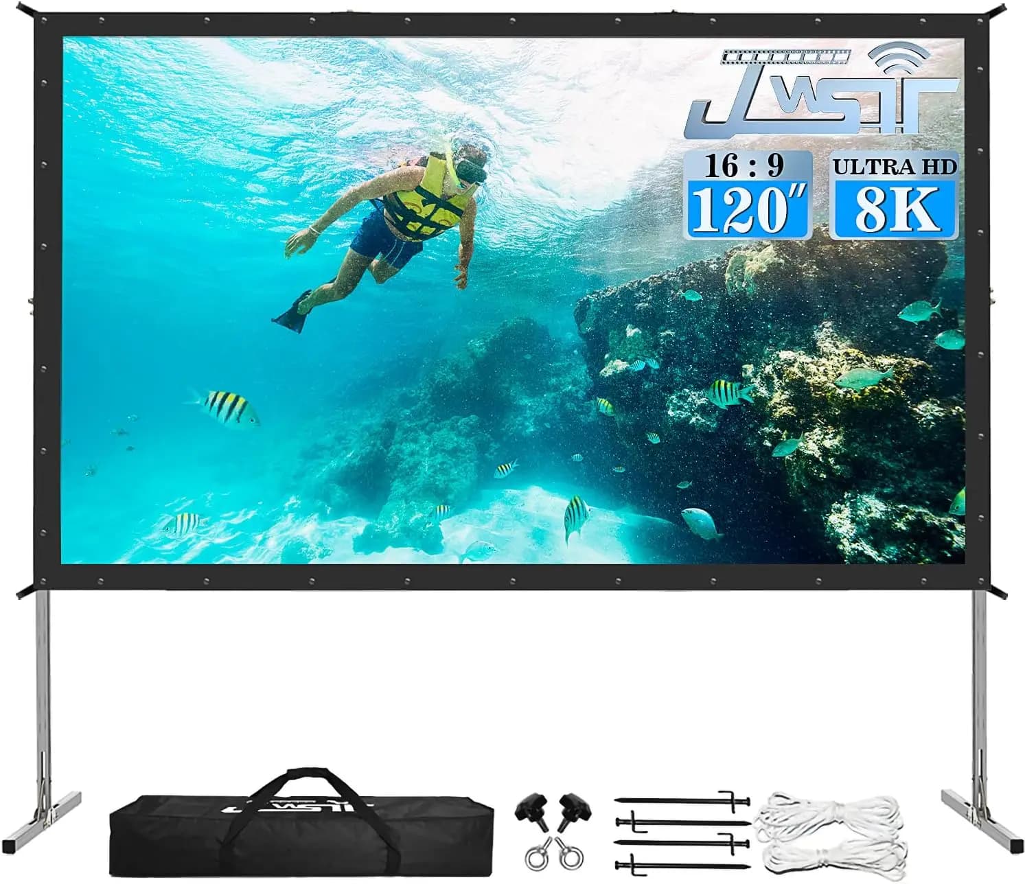 Schermo per proiettore da esterno da 120 pollici con supporto, schermo cinematografico portatile 16:9 per giardino, facile da montare con borsa per il trasporto