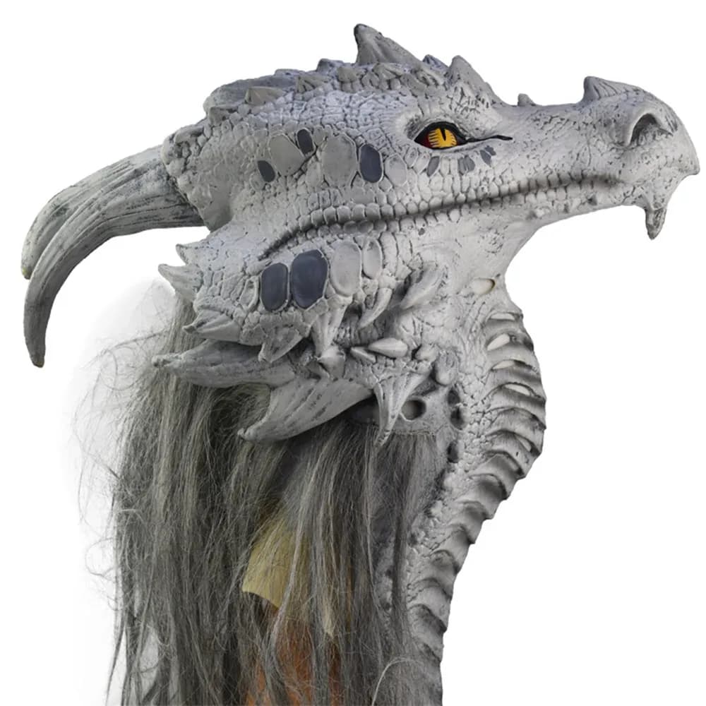 Maschera drago a testa intera con capelli, maschera testa di animale in lattice, Costume da Prank Creepy, puntelli Cosplay per feste di Halloween