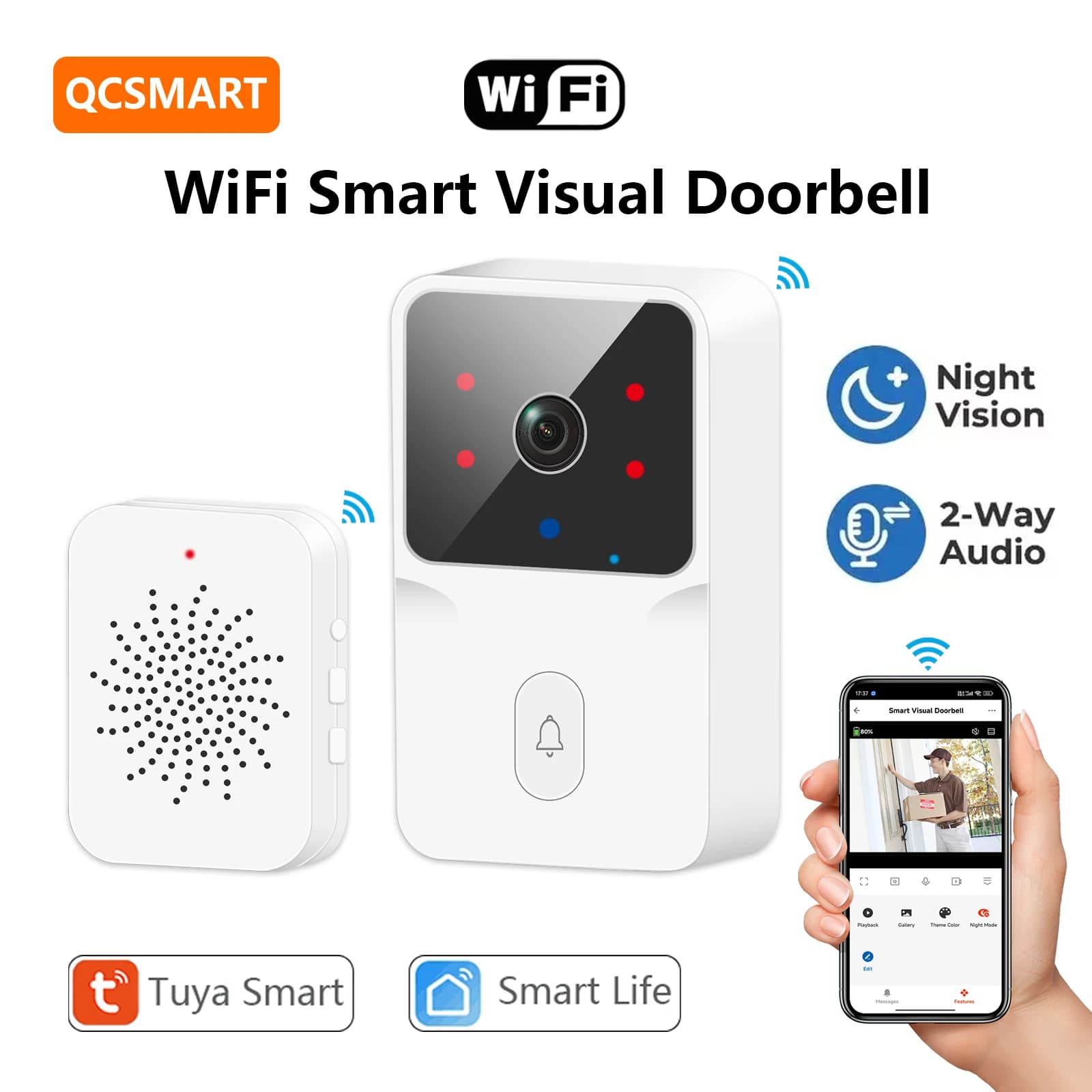 QCSMART Tuya Smart Life WiFi videocamera per campanello 2.4Ghz sistema di sicurezza per esterni con conversazione remota in tempo reale