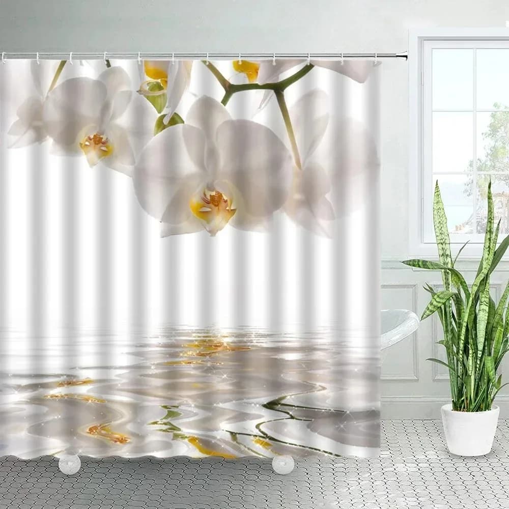 Set di tende da doccia floreali con orchidea bianca, fiori naturali rurali, piante spa Zen, tenda da bagno in tessuto con ganci, decorazioni per la casa