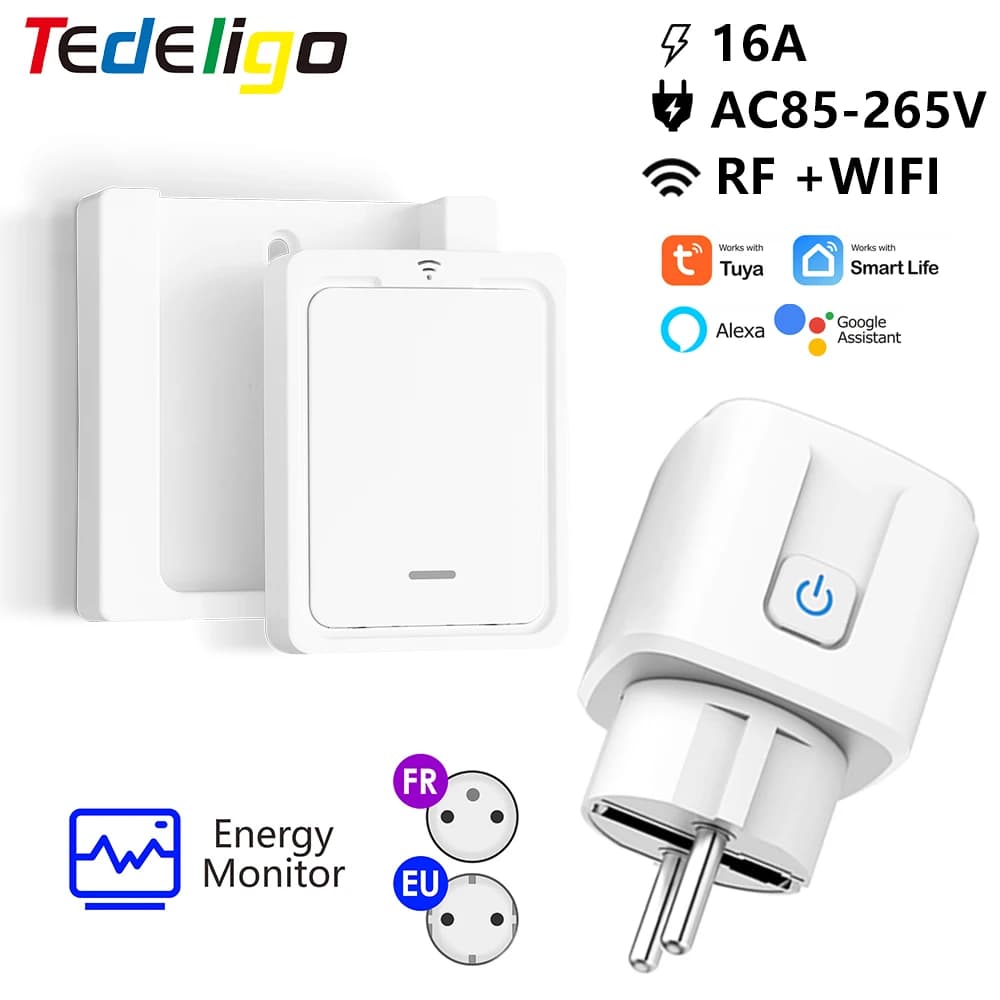 Tuya 16A WiFi Smart Socket Plug RF Wireless Remote Control Presa Interruttore Monitoraggio dell'alimentazione Controllo vocale Alexa Google Assitant