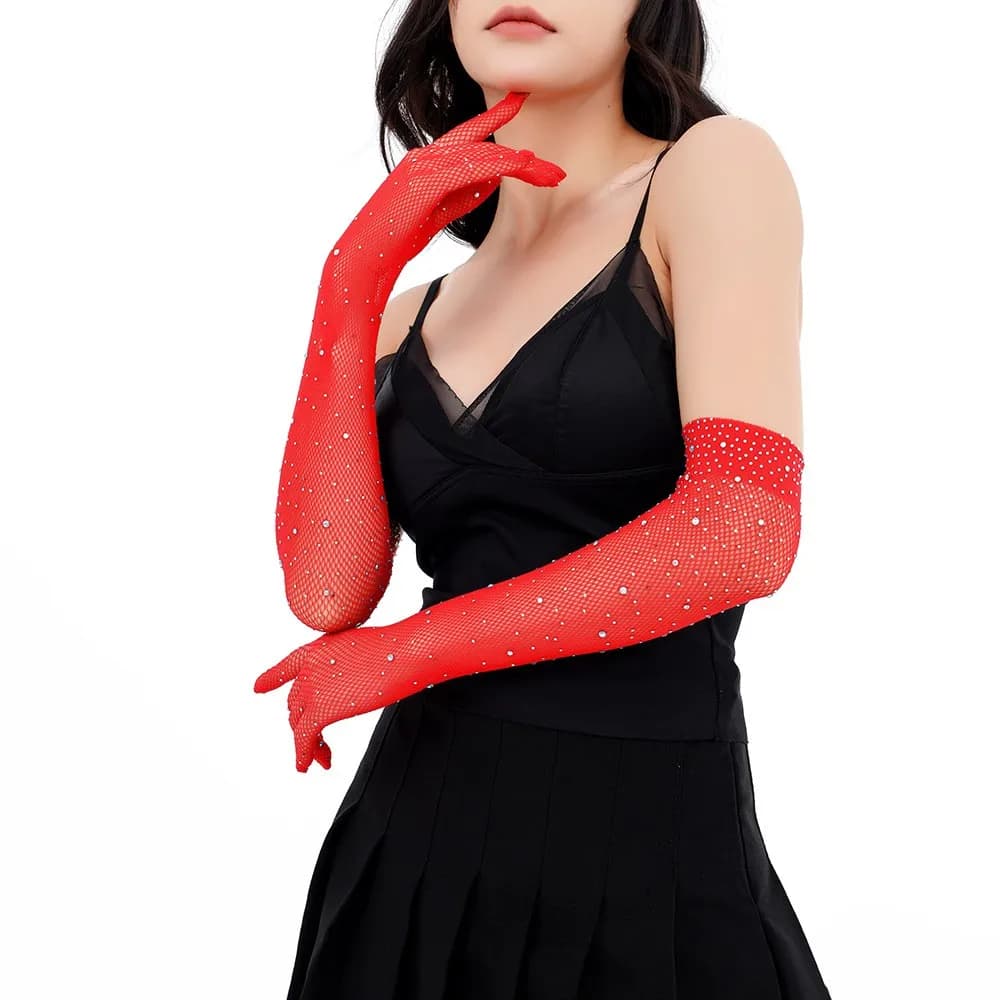 Cosplay Guanti a rete con strass elastici sexy Guanti da rete da pesca Manica da braccio Donna Diamante Dito intero Guanti lunghi sottili Abbigliamento da festa