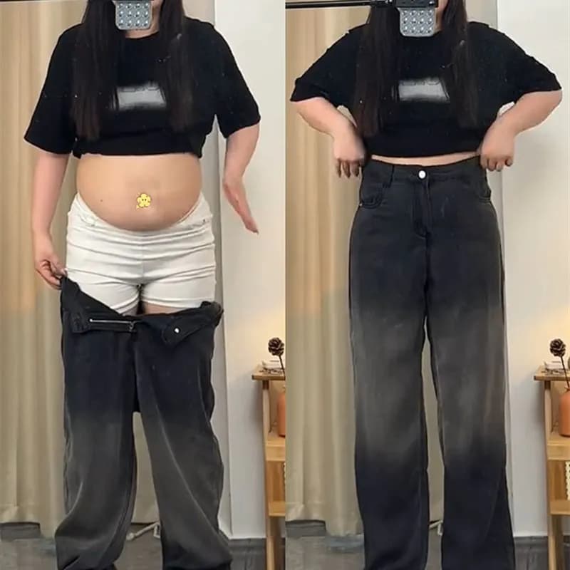 Jeans a Gamba Larga da Donna Taglie Forti in Denim Seta Ghiaccio Sfumato, Estivi, Sottili, Morbidi, Modellanti e Drappeggiati