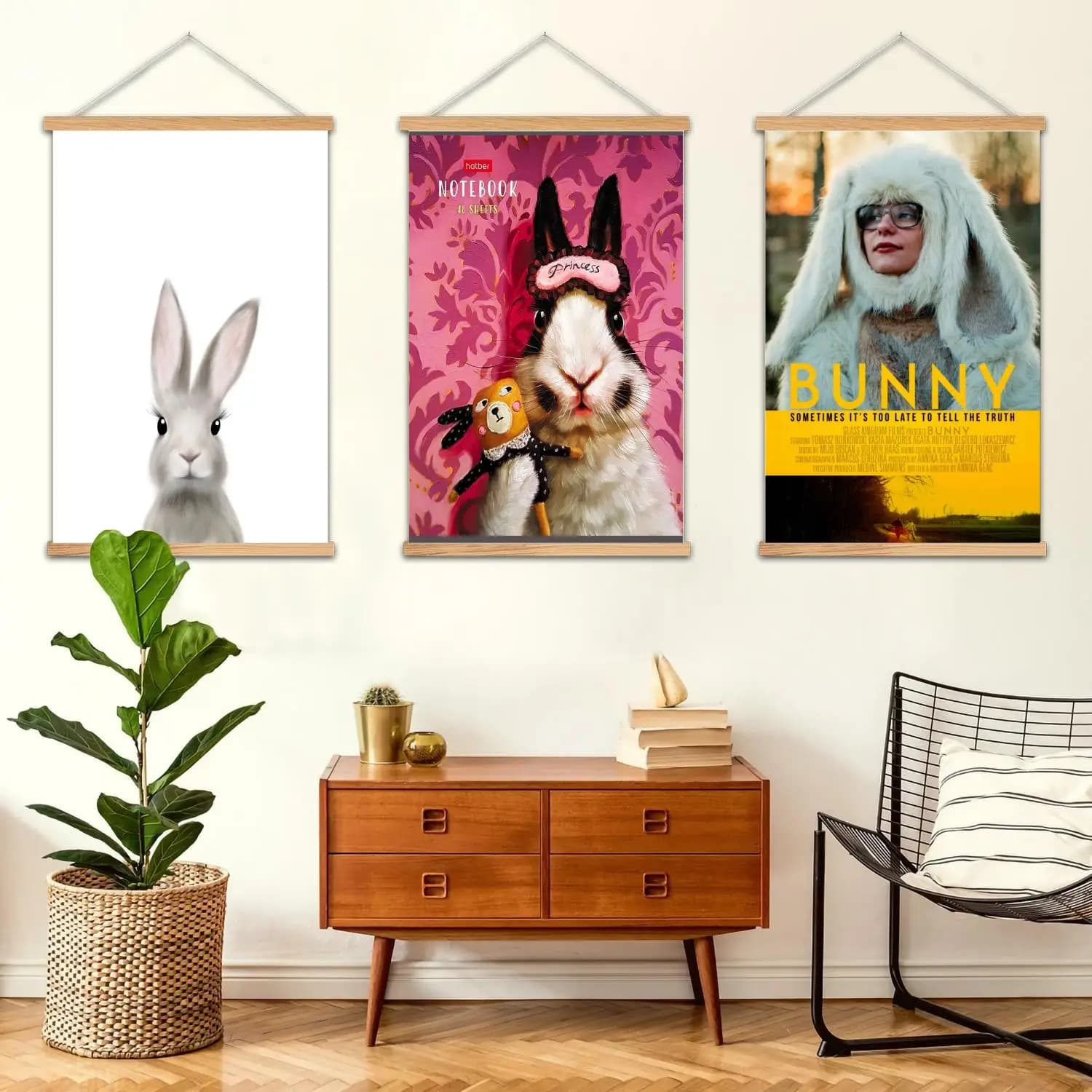 wall-painted bunny with artistic poster frame on canvas and print of wall images, modern poster for family bedroom decorations, decorative painting