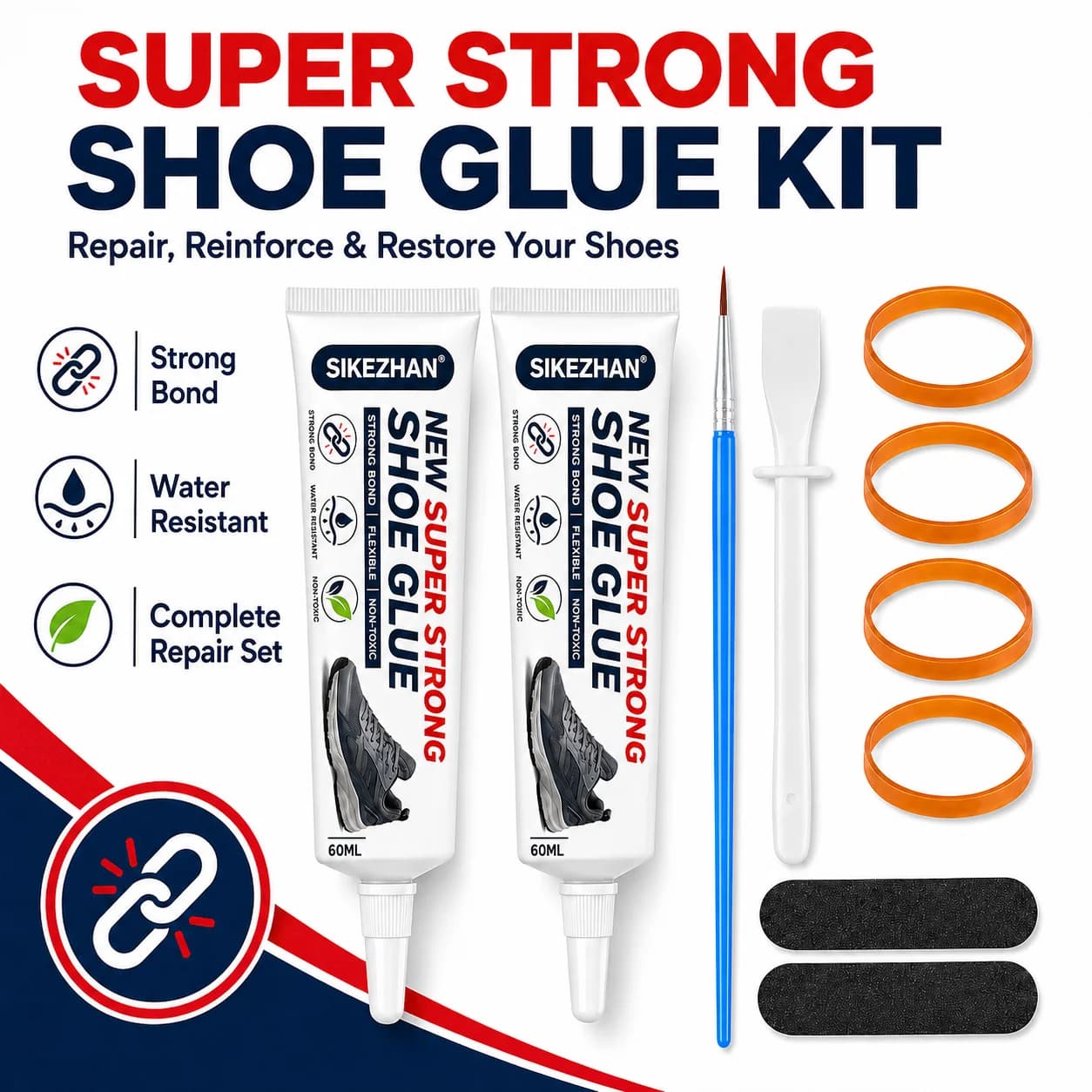 2PCS 60ML Shoe Repair Glue Kit with Brush, Spatula, Rubber Bands and Repair Patches for Sneakers, Boots, Soles and DIY Fixes