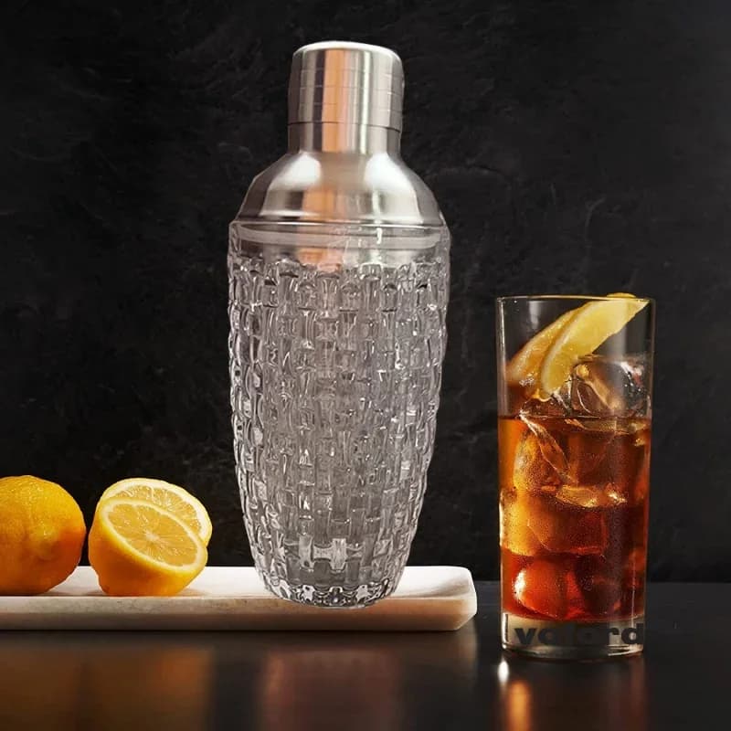 Shaker per cocktail in vetro Set per fare mocassini Martini con coperchio in acciaio metallizzato a tenuta stagna Modello intrecciato Tazza in vetro Gadget da bar per uso domestico